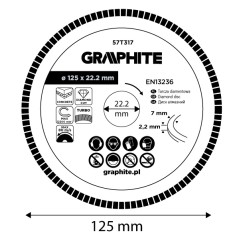 GRAPHITE 57T317 Tarcza diamentowa do cięcia turbo, 125 x 22.22 mm, na sucho 