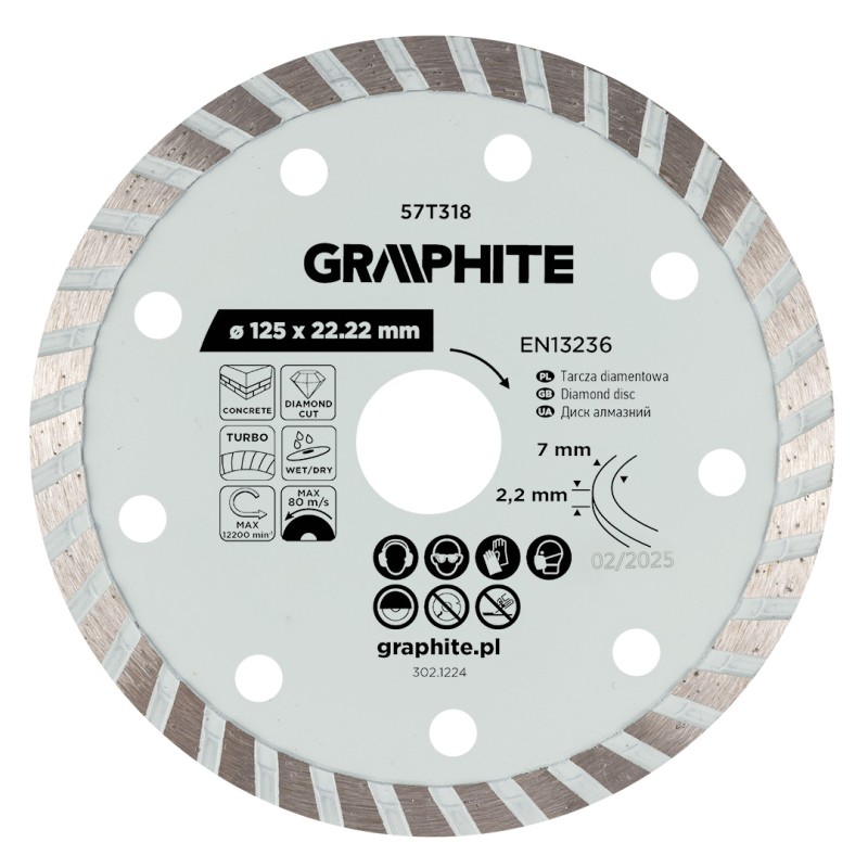GRAPHITE 57T318 Tarcza diamentowa do cięcia turbo, 125 x 22.22 mm, na sucho i mokro
