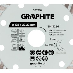 GRAPHITE 57T318 Tarcza diamentowa do cięcia turbo, 125 x 22.22 mm, na sucho i mokro 
