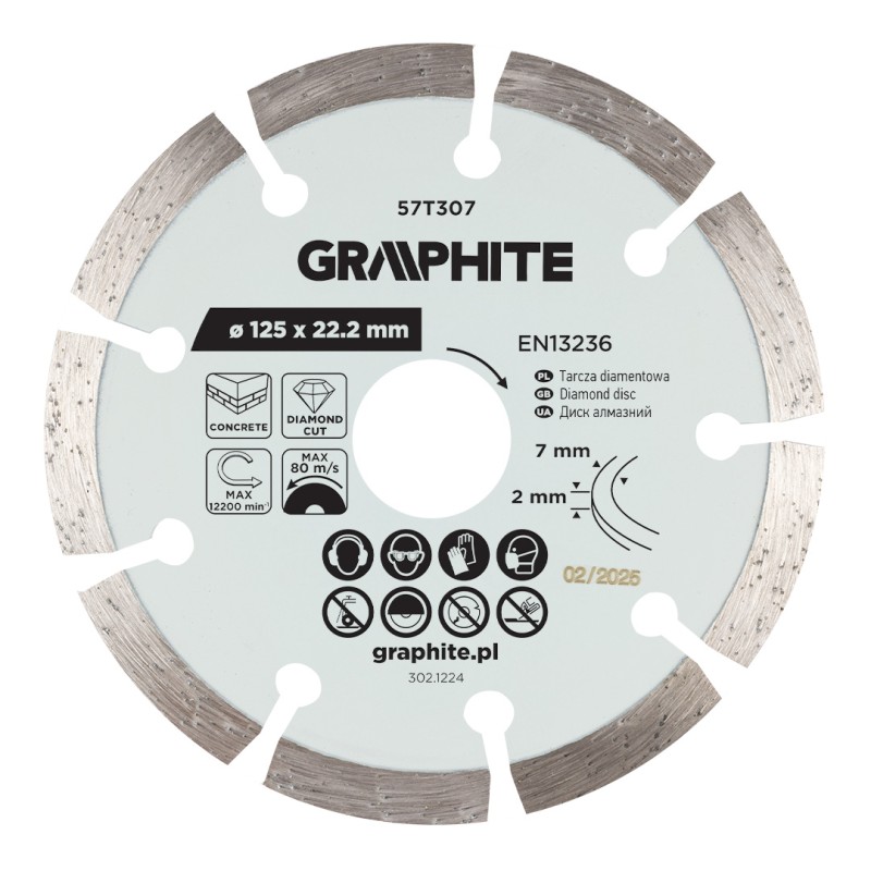 GRAPHITE 57T307 Tarcza diamentowa do cięcia segmentowa, 125 x 22.2 mm, na sucho