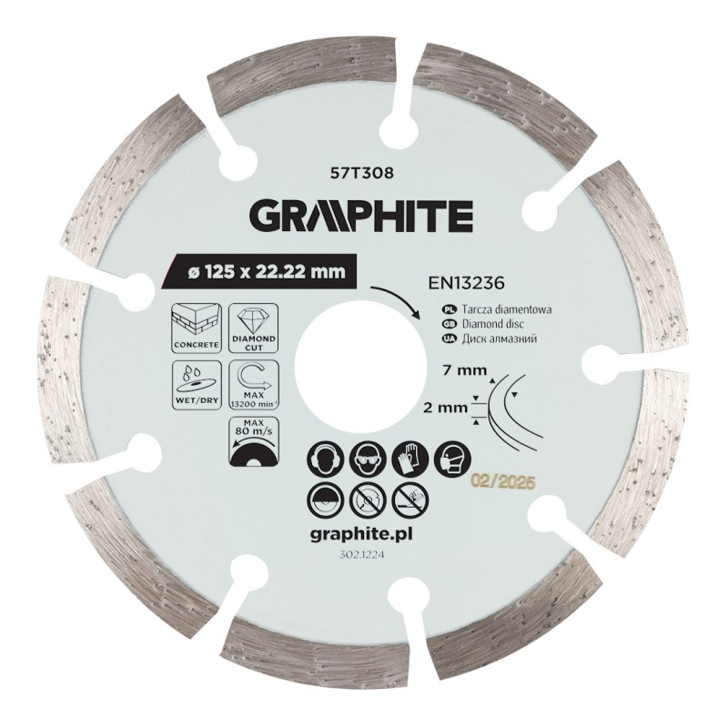 GRAPHITE 57T308 Tarcza diamentowa do cięcia segmentowa, 125 x 22.2 mm, na sucho i mokro
