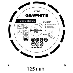 GRAPHITE 57T308 Tarcza diamentowa do cięcia segmentowa, 125 x 22.2 mm, na sucho i mokro 