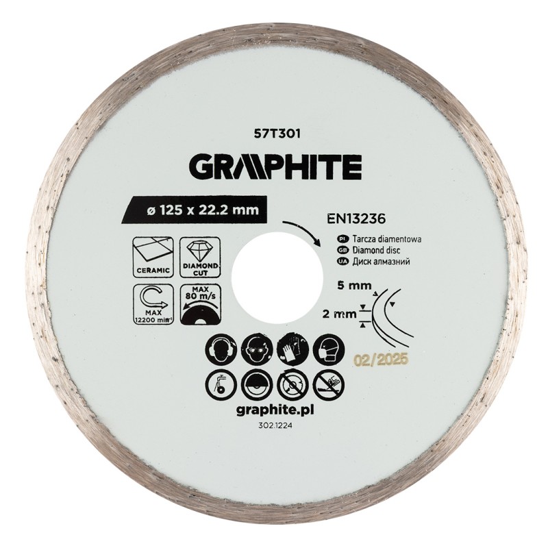GRAPHITE 57T301 Tarcza diamentowa do cięcia pełna, 125 x 22.2 mm, na mokro