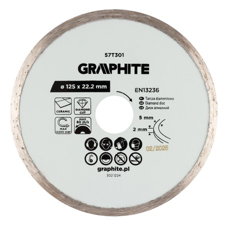 GRAPHITE 57T301 Tarcza diamentowa do cięcia pełna, 125 x 22.2 mm, na mokro