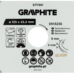GRAPHITE 57T301 Tarcza diamentowa do cięcia pełna, 125 x 22.2 mm, na mokro