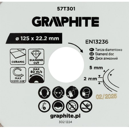 GRAPHITE 57T301 Tarcza diamentowa do cięcia pełna, 125 x 22.2 mm, na mokro
