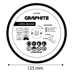 GRAPHITE 57T301 Tarcza diamentowa do cięcia pełna, 125 x 22.2 mm, na mokro 