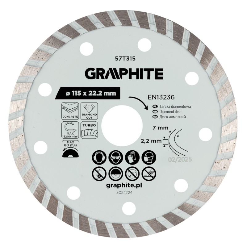 GRAPHITE 57T315 Tarcza diamentowa do cięcia turbo, 115 x 22.22 mm, na sucho