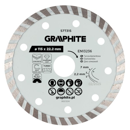 GRAPHITE 57T315 Tarcza diamentowa do cięcia turbo, 115 x 22.22 mm, na sucho