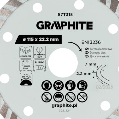 GRAPHITE 57T315 Tarcza diamentowa do cięcia turbo, 115 x 22.22 mm, na sucho 