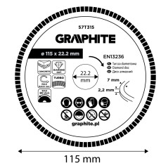 GRAPHITE 57T315 Tarcza diamentowa do cięcia turbo, 115 x 22.22 mm, na sucho 