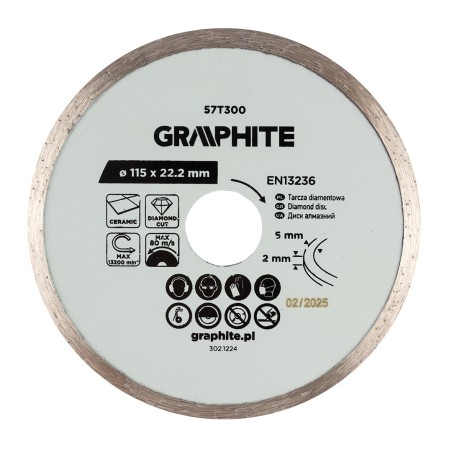 GRAPHITE 57T300 Tarcza diamentowa do cięcia pełna, 115 x 22.2 mm, na mokro