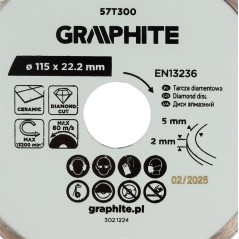 GRAPHITE 57T300 Tarcza diamentowa do cięcia pełna, 115 x 22.2 mm, na mokro 