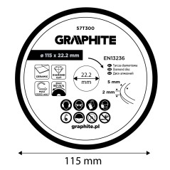 GRAPHITE 57T300 Tarcza diamentowa do cięcia pełna, 115 x 22.2 mm, na mokro 