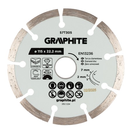 GRAPHITE 57T305 Tarcza diamentowa do cięcia segmentowa, 115 x 22.2 mm, na sucho
