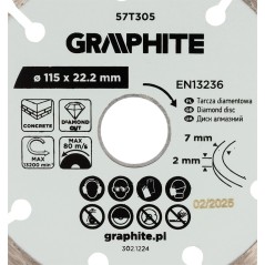 GRAPHITE 57T305 Tarcza diamentowa do cięcia segmentowa, 115 x 22.2 mm, na sucho 
