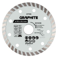 GRAPHITE 57T316 Tarcza diamentowa do cięcia turbo, 115 x 22.22 mm, na sucho i mokro