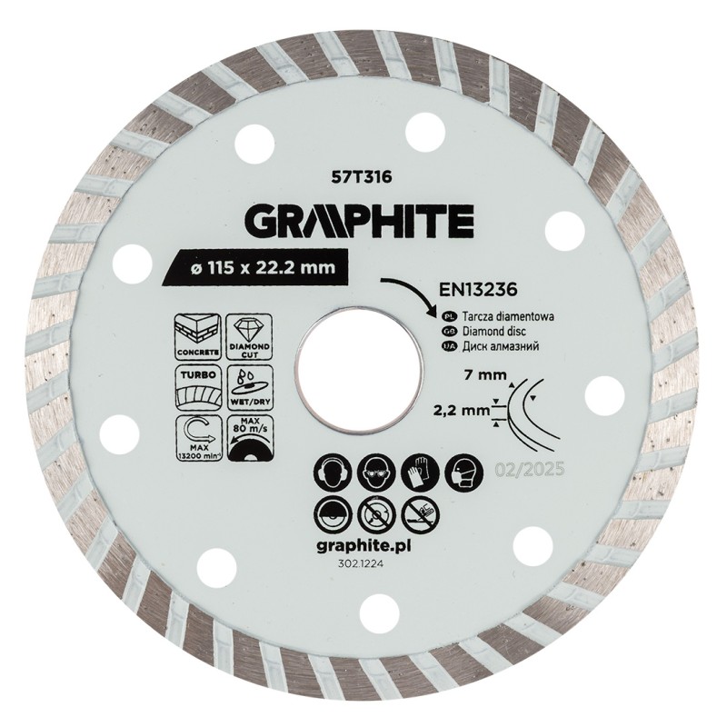 GRAPHITE 57T316 Tarcza diamentowa do cięcia turbo, 115 x 22.22 mm, na sucho i mokro