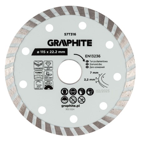 GRAPHITE 57T316 Tarcza diamentowa do cięcia turbo, 115 x 22.22 mm, na sucho i mokro