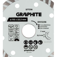GRAPHITE 57T316 Tarcza diamentowa do cięcia turbo, 115 x 22.22 mm, na sucho i mokro 
