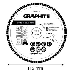 GRAPHITE 57T316 Tarcza diamentowa do cięcia turbo, 115 x 22.22 mm, na sucho i mokro 