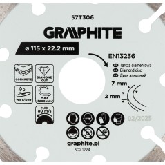 GRAPHITE 57T306 Tarcza diamentowa do cięcia segmentowa, 115 x 22.2 mm, na sucho i mokro 