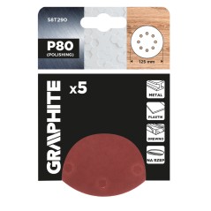 GRAPHITE 58T290 Krążki ścierne na rzep 125 mm, P80, 5 szt., z 8 otworami 
