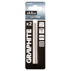 GRAPHITE 54T925 Wiertło do metalu HSS, DIN 340, przedłużane, 2,5 mm, 2 szt. 