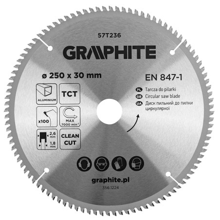 GRAPHITE 57T236 Tarcza do pilarki, widiowa, 250 x 30 mm, 100 zębów, do aluminium