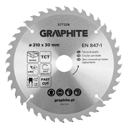 GRAPHITE 57T228 Tarcza do pilarki, widiowa, 210 x 30 mm, 40 zębów