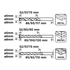 GRAPHITE 54T431 Zestaw wierteł do metalu, drewna, cegły: 5, 6, 8 mm, 9 szt. 