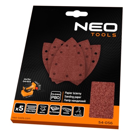 NEO TOOLS 54-056 Papiery ścierne na rzep, żelazko 100 x 147 mm, P80, 5 szt., z 9 otworami do 04-623