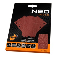 NEO TOOLS 54-050 Papiery ścierne na rzep, prostokąt  80 x 130 mm, P80, 5 szt., z 8 otworami do 04-623