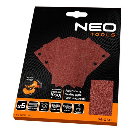 NEO TOOLS 54-050 Papiery ścierne na rzep, prostokąt  80 x 130 mm, P80, 5 szt., z 8 otworami do 04-623