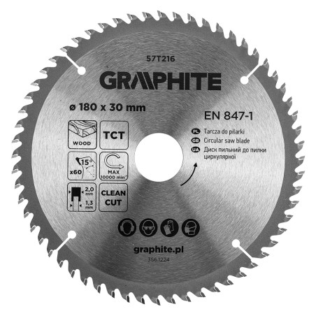 GRAPHITE 57T216 Tarcza do pilarki, widiowa, 180 x 30 mm, 60 zębów