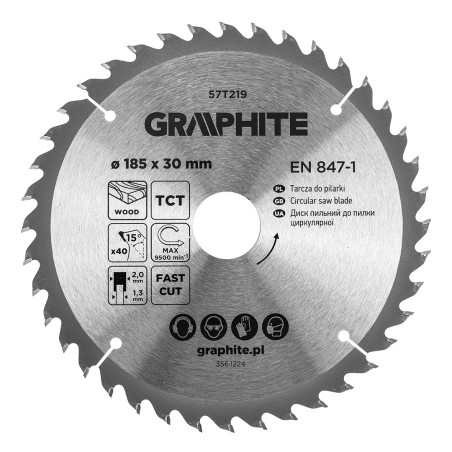 GRAPHITE 57T219 Tarcza do pilarki, widiowa, 185 x 30 mm, 40 zębów