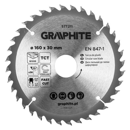 GRAPHITE 57T211 Tarcza do pilarki, widiowa, 160 x 30 mm, 36 zębów