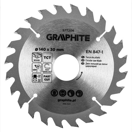 GRAPHITE 57T206 Tarcza do pilarki, widiowa, 140 x 30 mm, 24 zęby