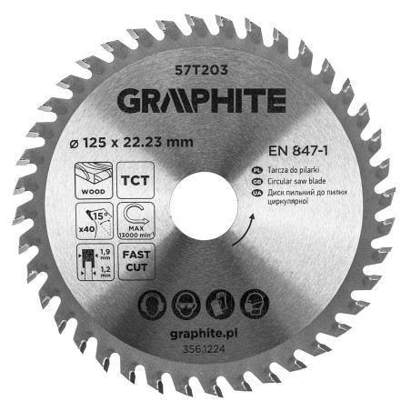 GRAPHITE 57T203 Tarcza do pilarki, widiowa, 125 x 22.23 mm, 40 zębów