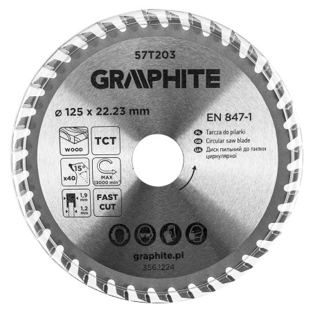 GRAPHITE 57T203 Tarcza do pilarki, widiowa, 125 x 22.23 mm, 40 zębów