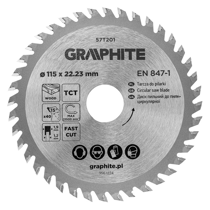 GRAPHITE 57T201 Tarcza do pilarki, widiowa, 115 x 22.23 mm, 40 zębów