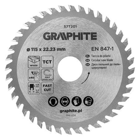GRAPHITE 57T201 Tarcza do pilarki, widiowa, 115 x 22.23 mm, 40 zębów