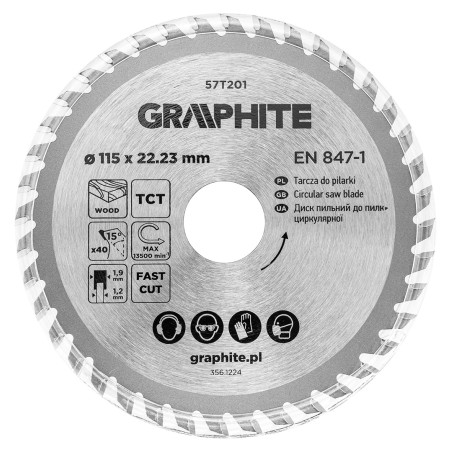 GRAPHITE 57T201 Tarcza do pilarki, widiowa, 115 x 22.23 mm, 40 zębów