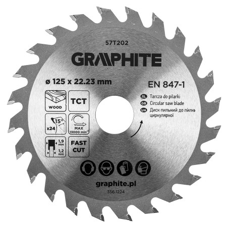 GRAPHITE 57T202 Tarcza do pilarki, widiowa, 125 x 22.23 mm, 24 zęby