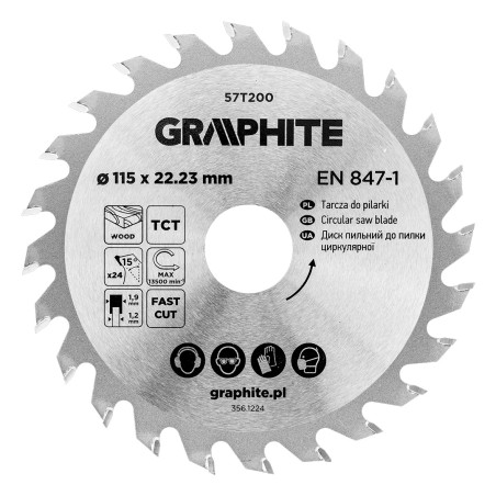 GRAPHITE 57T200 Tarcza do pilarki, widiowa, 115 x 22.23 mm, 24 zęby
