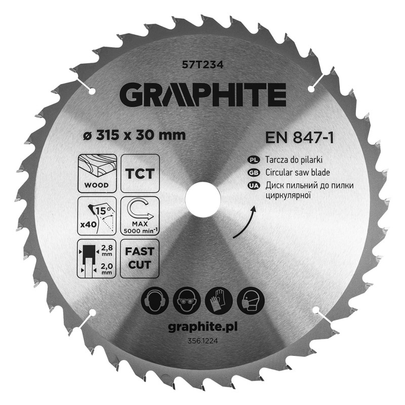 GRAPHITE 57T234 Tarcza do pilarki, widiowa, 315 x 30 mm, 40 zębów