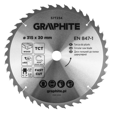 GRAPHITE 57T234 Tarcza do pilarki, widiowa, 315 x 30 mm, 40 zębów