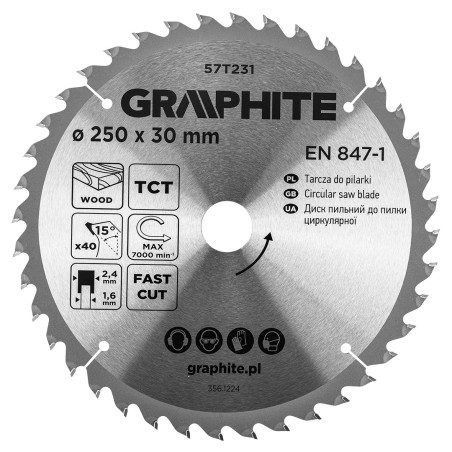 GRAPHITE 57T231 Tarcza do pilarki, widiowa, 250 x 30 mm, 40 zębów