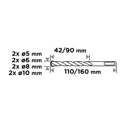 GRAPHITE 56T168 Zestaw wierteł do betonu SDS Plus z podwójną spiralą 5 x 6 x 8 x 10 x 110 mm, 5 x 6 x 8 x 10 x 160 m 