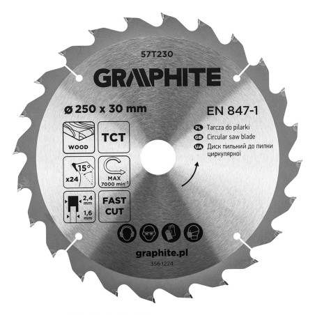 GRAPHITE 57T230 Tarcza do pilarki, widiowa, 250 x 30 mm, 24 zęby